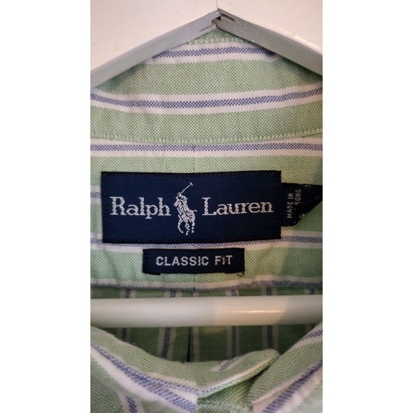 Ralph Lauren Shirt Men 18-34/35 Green Blue Striped Flesh Pony Casual Button Down - Picture 4 of 9